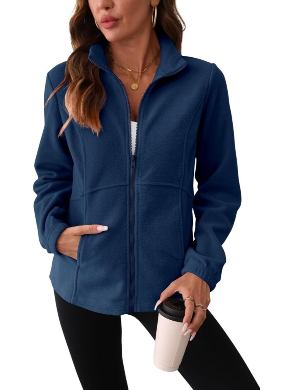 Women Navy Blue Fleece Stand Collar Elastic Cuff Long Sleeve Zip Winter Jacket